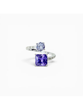 Silver tone Purple Statement Ring, Simulated Amethyst CZ Bypass Ring, Open Wrap